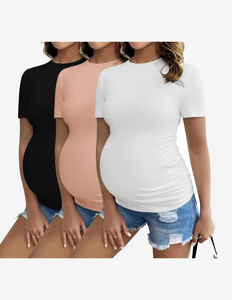 3er-Set Umstandsshirts: schwarz, rosé und weiß, kurzer Ärmel, geraffter Bauch