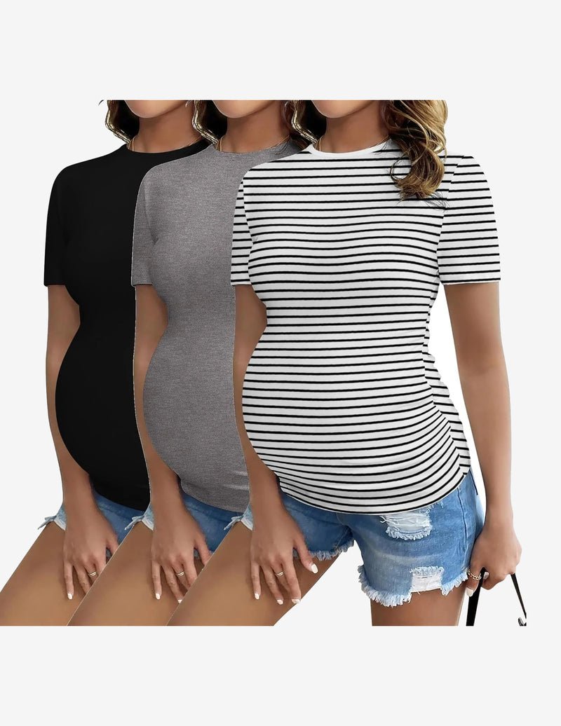 3er-Set Umstandsshirts: schwarz, grau, schwarz-weiß gestreift, kurzer Ärmel