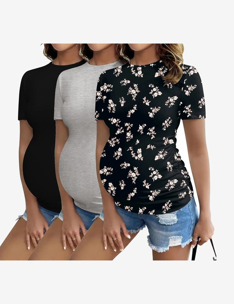 3er-Set Umstandsshirts: schwarz, graues Shirt und schwarzes Blümchenmuster