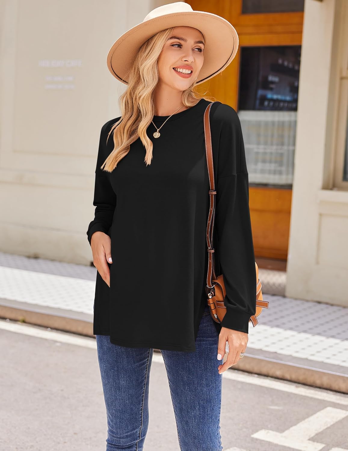 Black maternity long-sleeve tee with split side hem and loose comfortable fit
