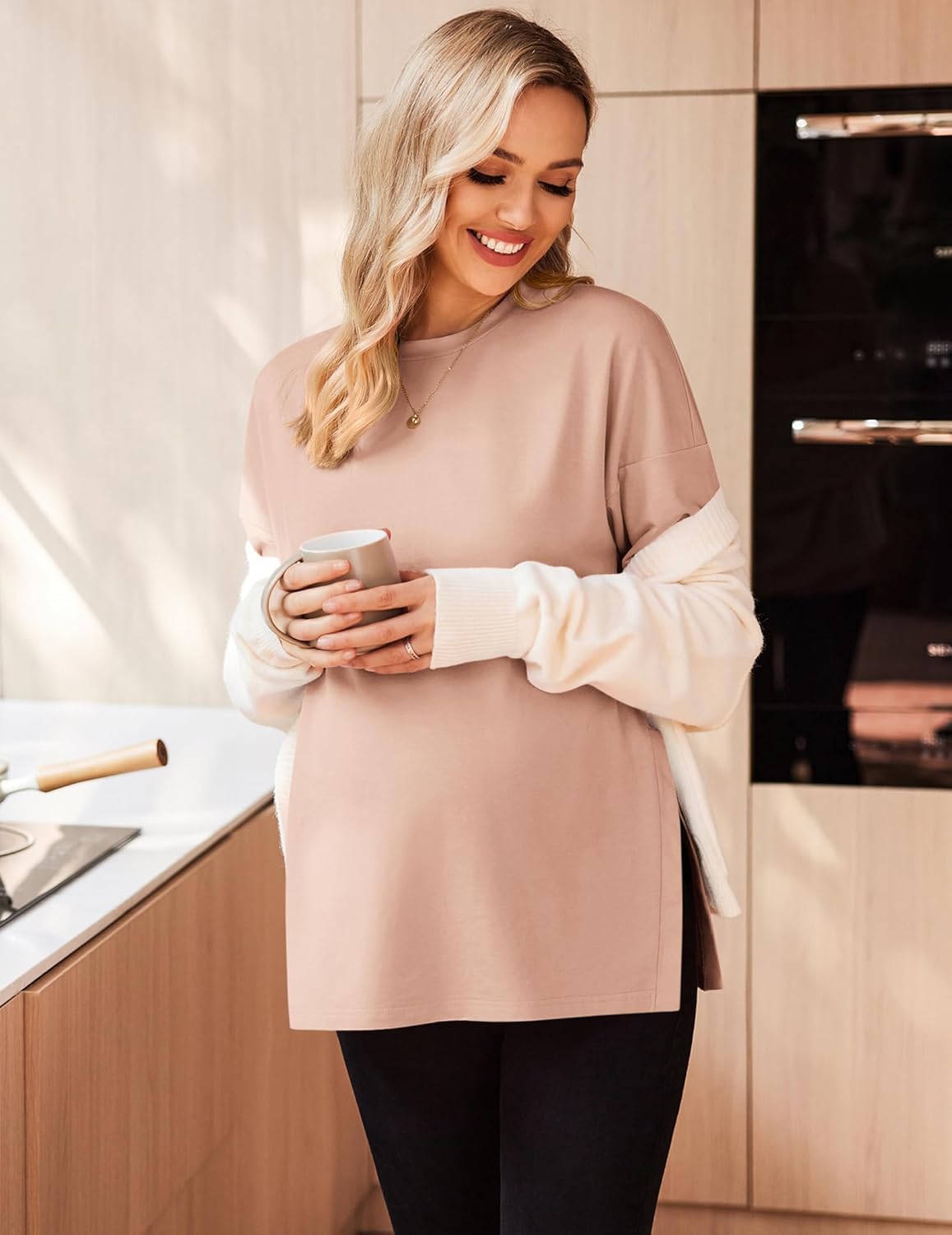 Ekouaer maternity long-sleeve tee, split side hem, beige/khaki color