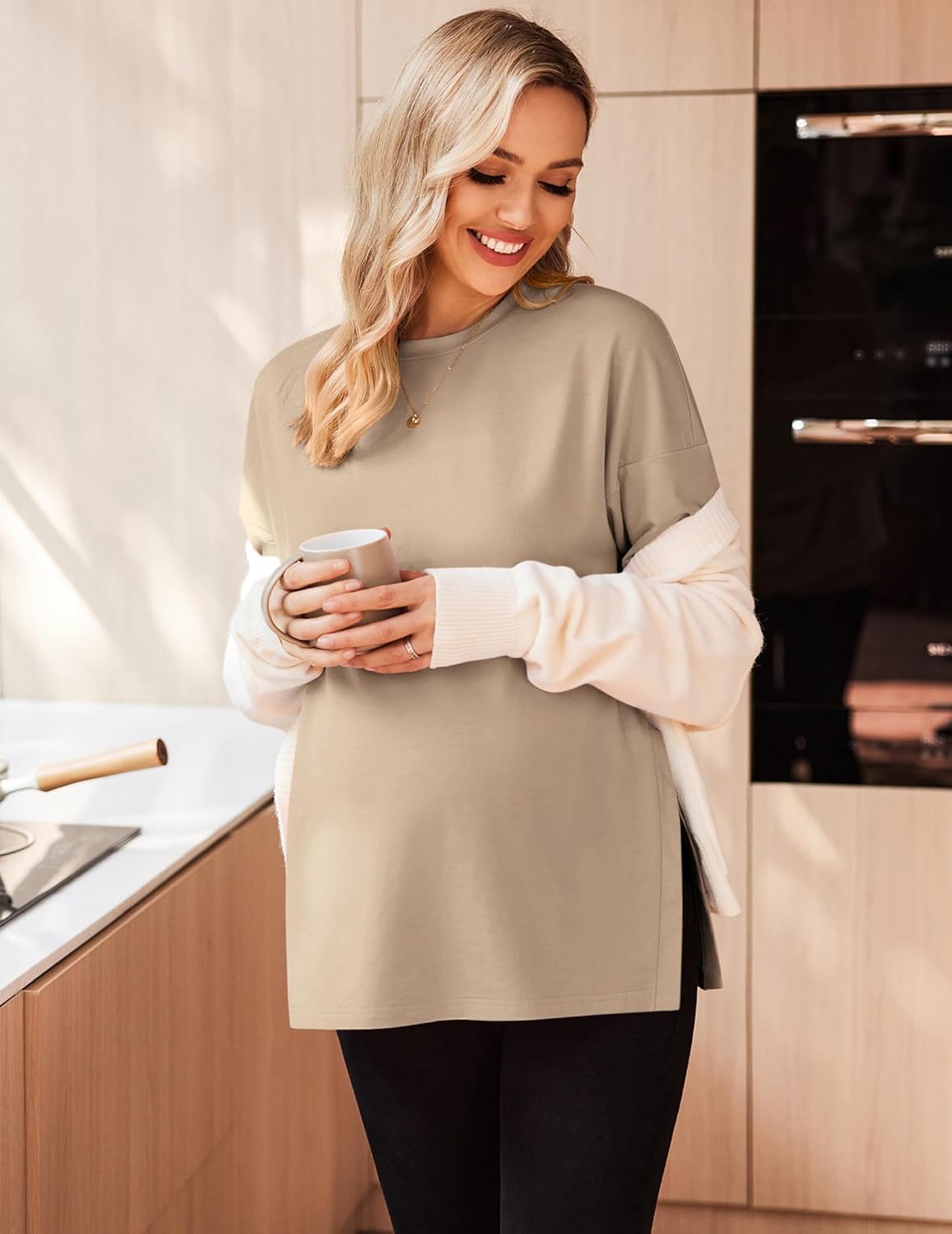 Ekouaer maternity long-sleeve tee caqui sólido con abertura lateral y mangas largas