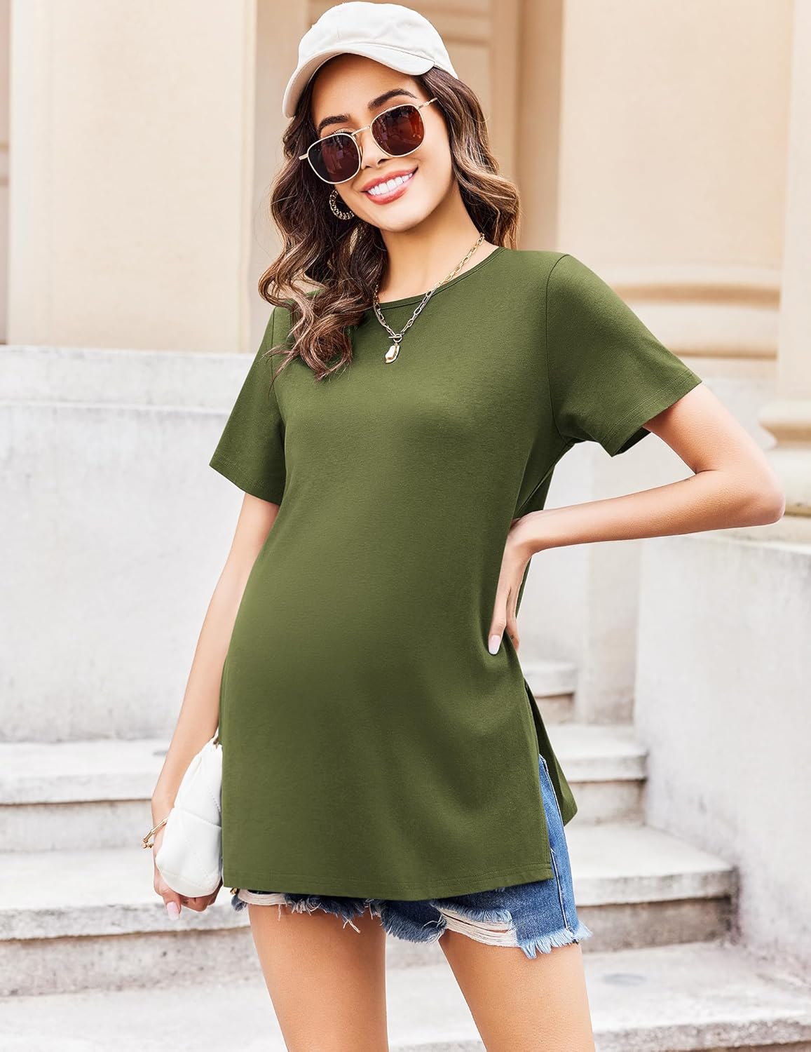 Ekouaer Short Sleeve Pregnancy Tops & Blouses Army Green / S