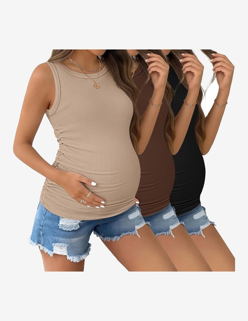 Maternity ribbed tank top 3-pack: beige, brown, dark style crewneck