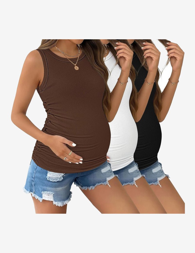 Maternity ribbed tank top 3-pack: brown, white, black sleeveless crewneck
