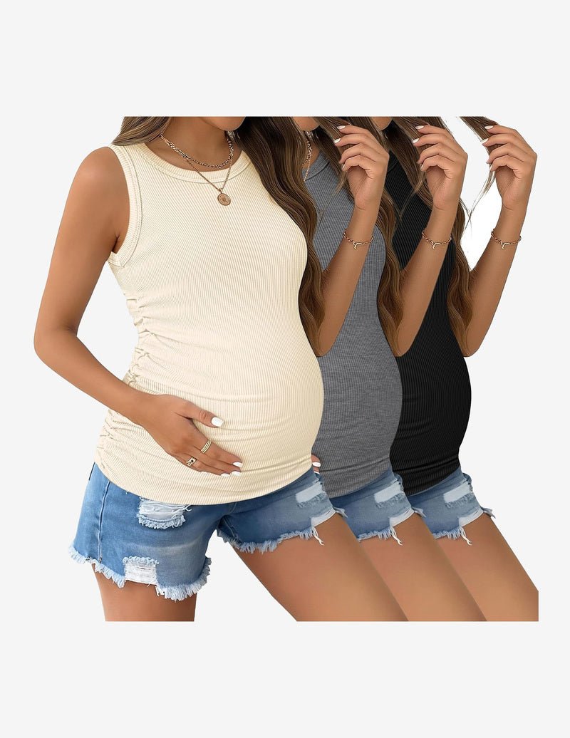 Maternity ribbed tank top 3-pack: cream, gray, black sleeveless crewneck