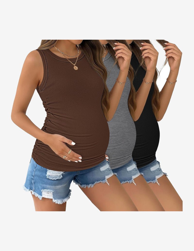 Maternity ribbed tank top 3-pack: brown, gray, black sleeveless crewneck