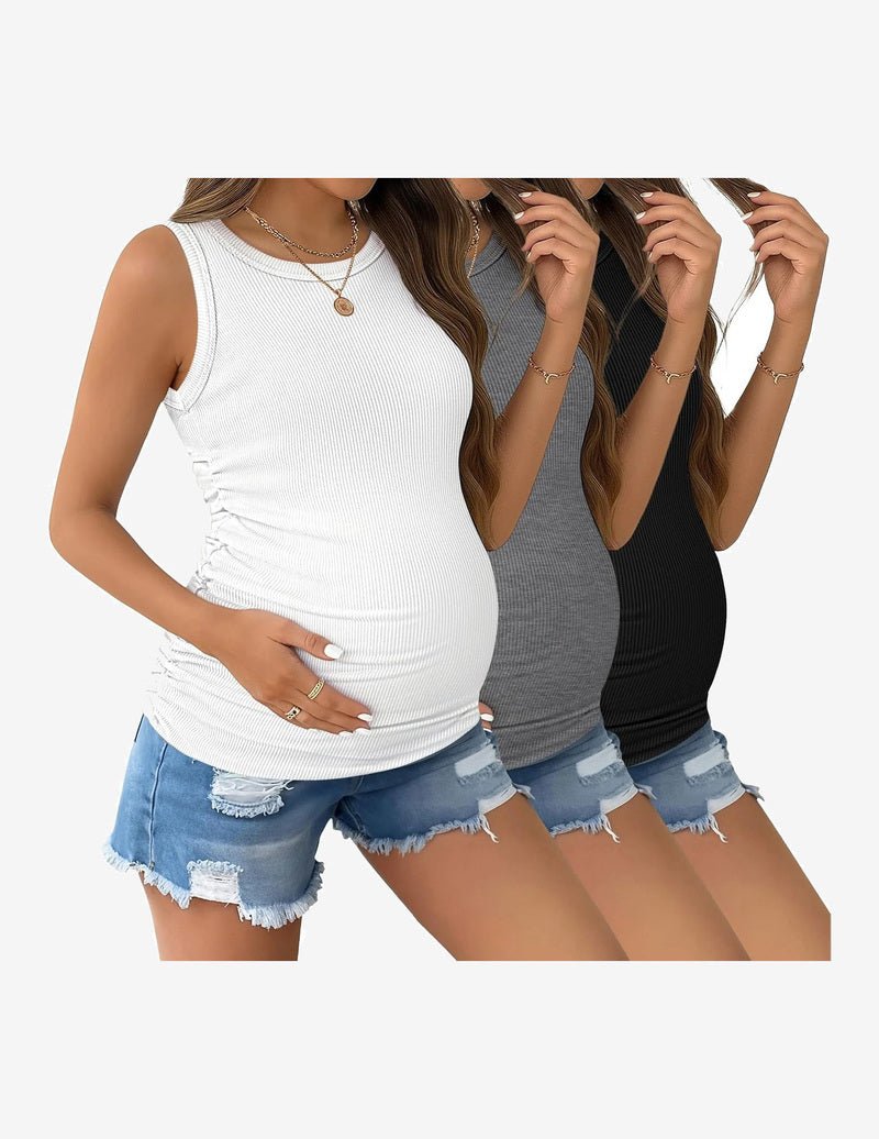 Maternity ribbed tank top 3-pack: white, gray, black sleeveless crewneck