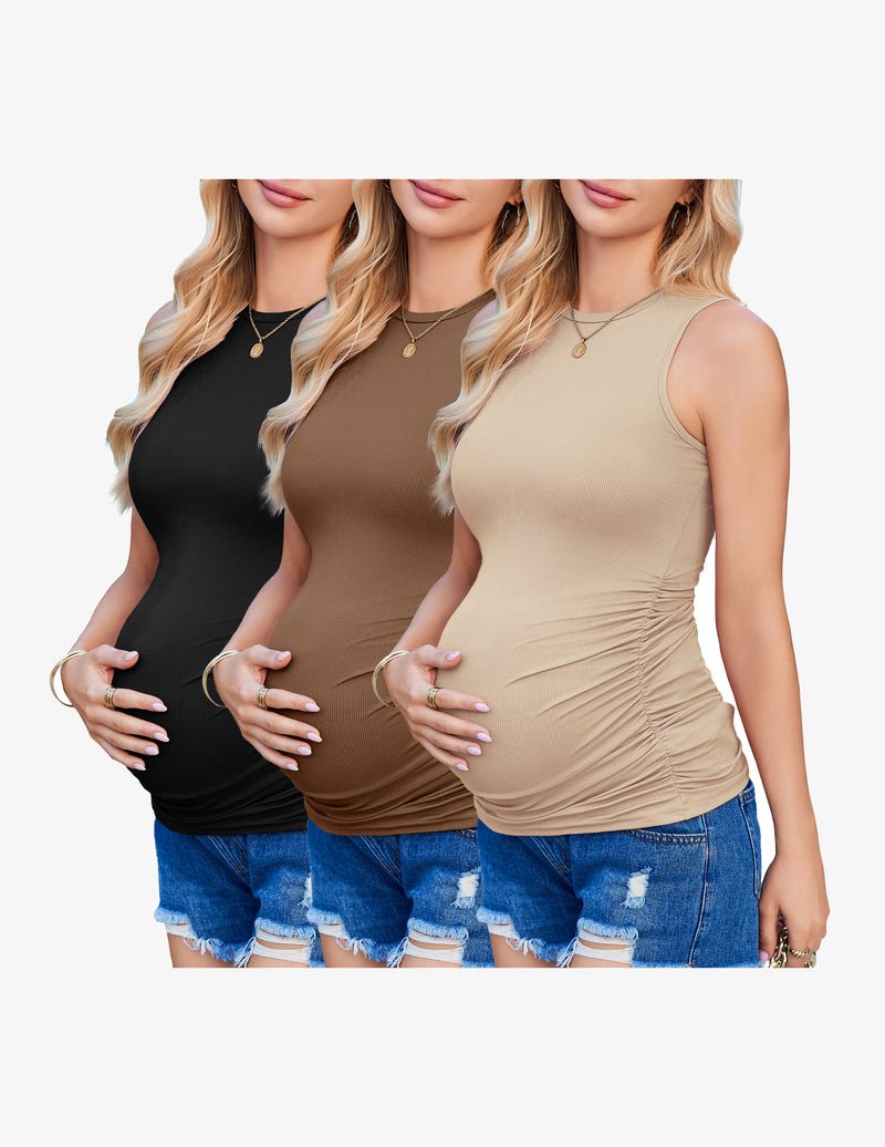 3er-Pack Umstandstanktops: Schwarz, Braun, Beige – gerippt, ärmellos, tailliert
