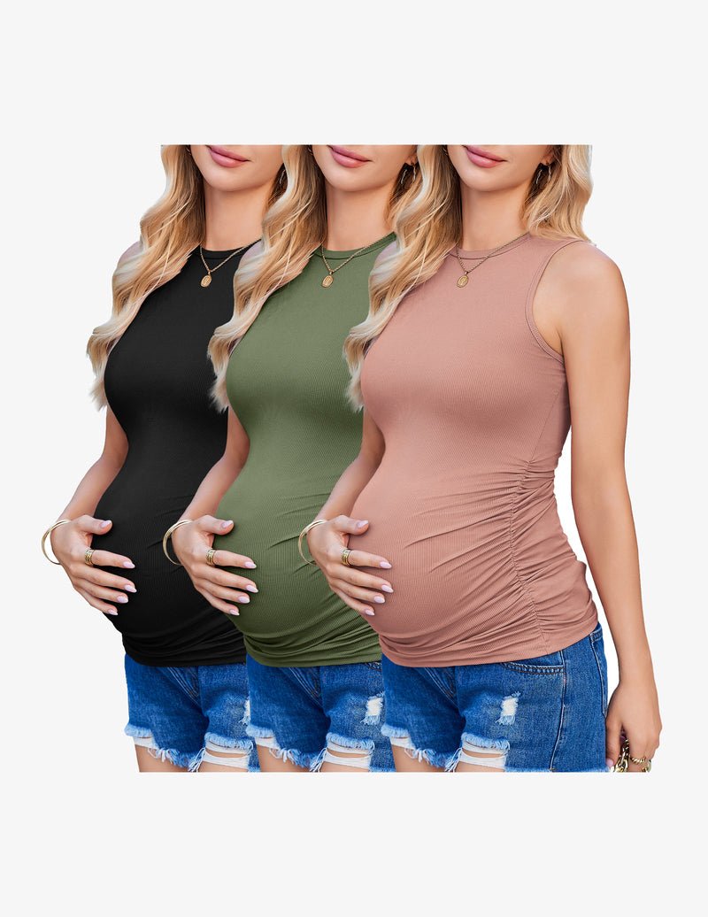 Maternity ribbed tank set of 3: black, olive green, blush-nude