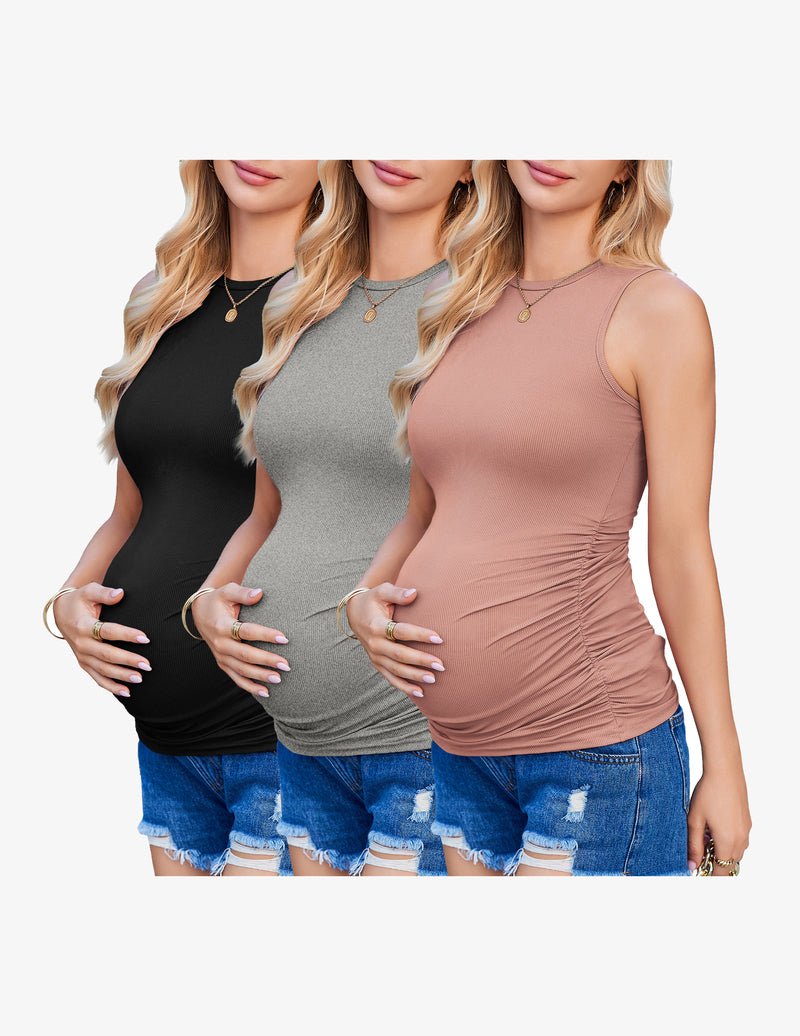 3er-Pack Umstandstanktops: Schwarz, Grau, Rosé – gerippt, ärmellos, tailliert