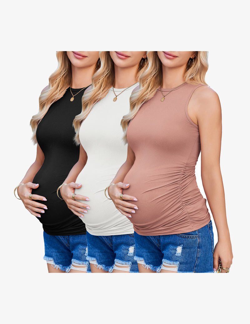 3er-Pack Umstandstanktops: Schwarz, Weiß, Rosé – gerippt, ärmellos, mit Seitenraffung