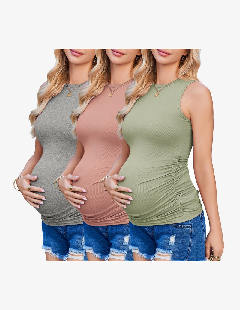 3er-Pack Umstandstanktops: Grau, Rosé, Olivgrün – gerippt, ärmellos, tailliert