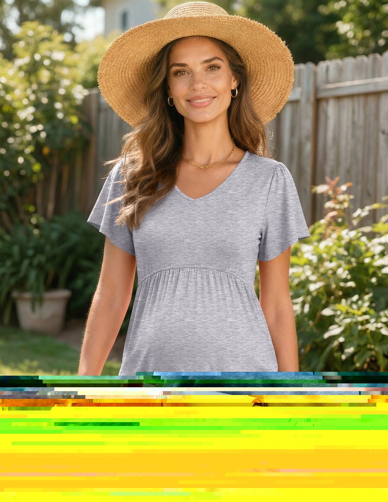 Maternity V-neck short-sleeve top, heather gray, front view with gathered waist