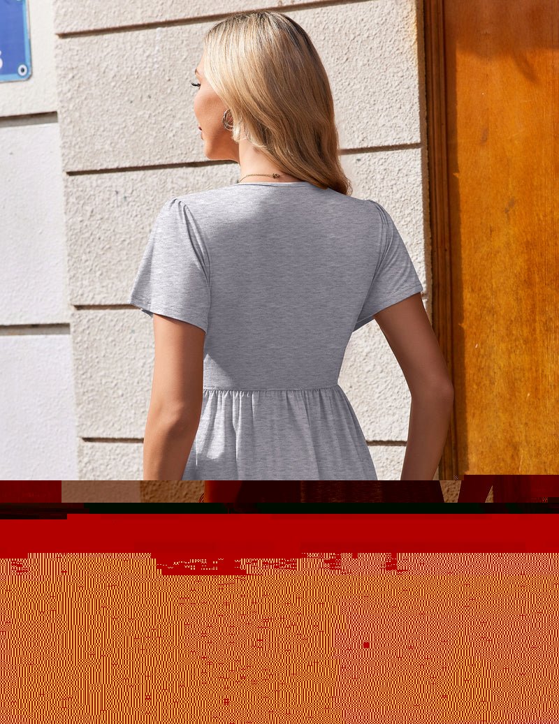 Maternity V-neck short-sleeve top, heather gray, back view with gathered waist