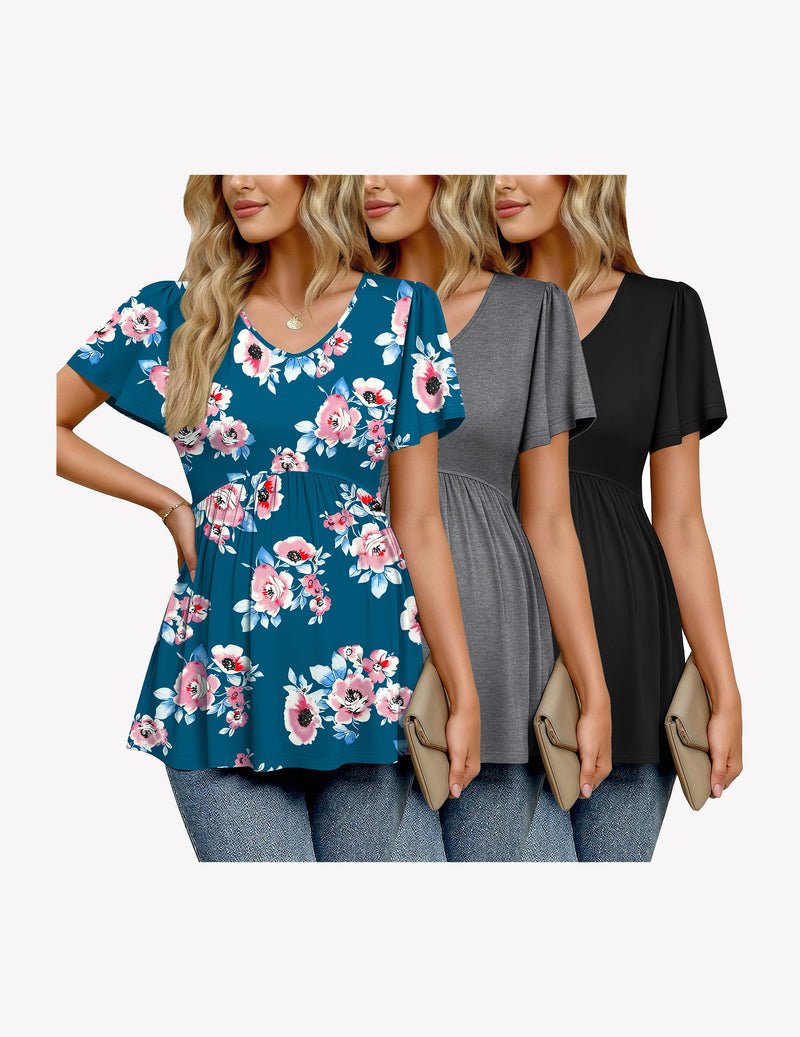 3-pack maternity V-neck short-sleeve tops: blue floral, gray solid, black solid