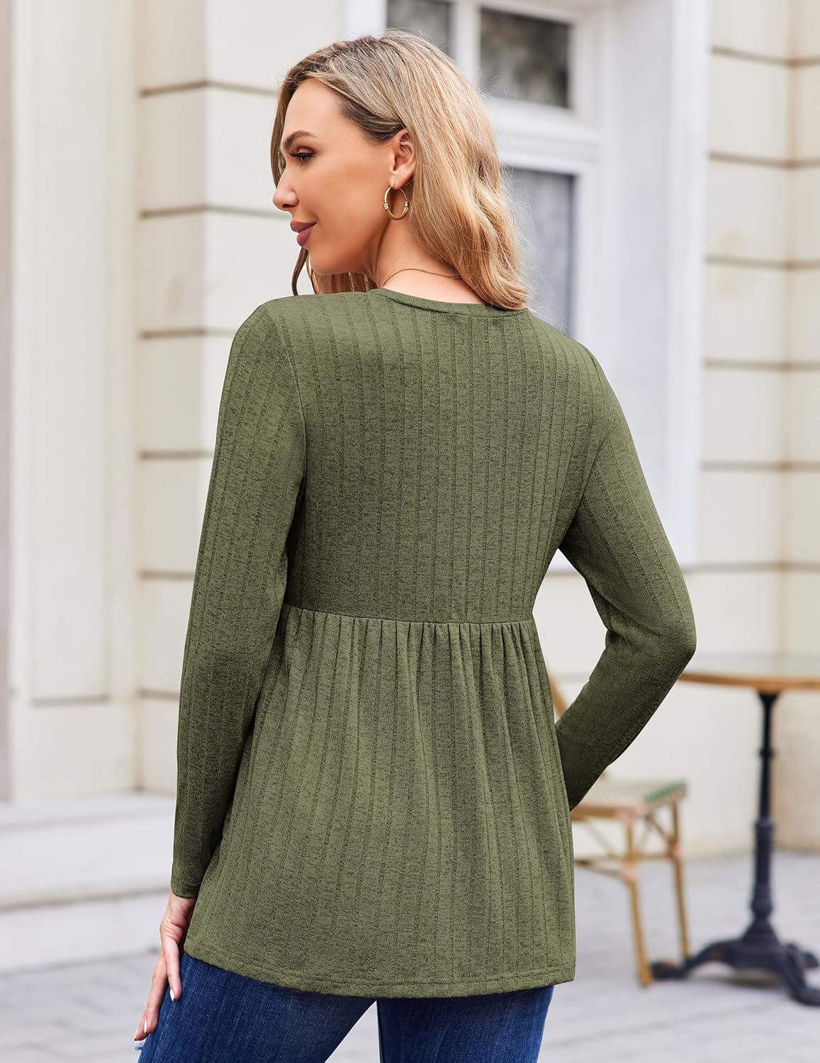 Back view maternity tunic blouse, army green long sleeves, flared gathered lower back