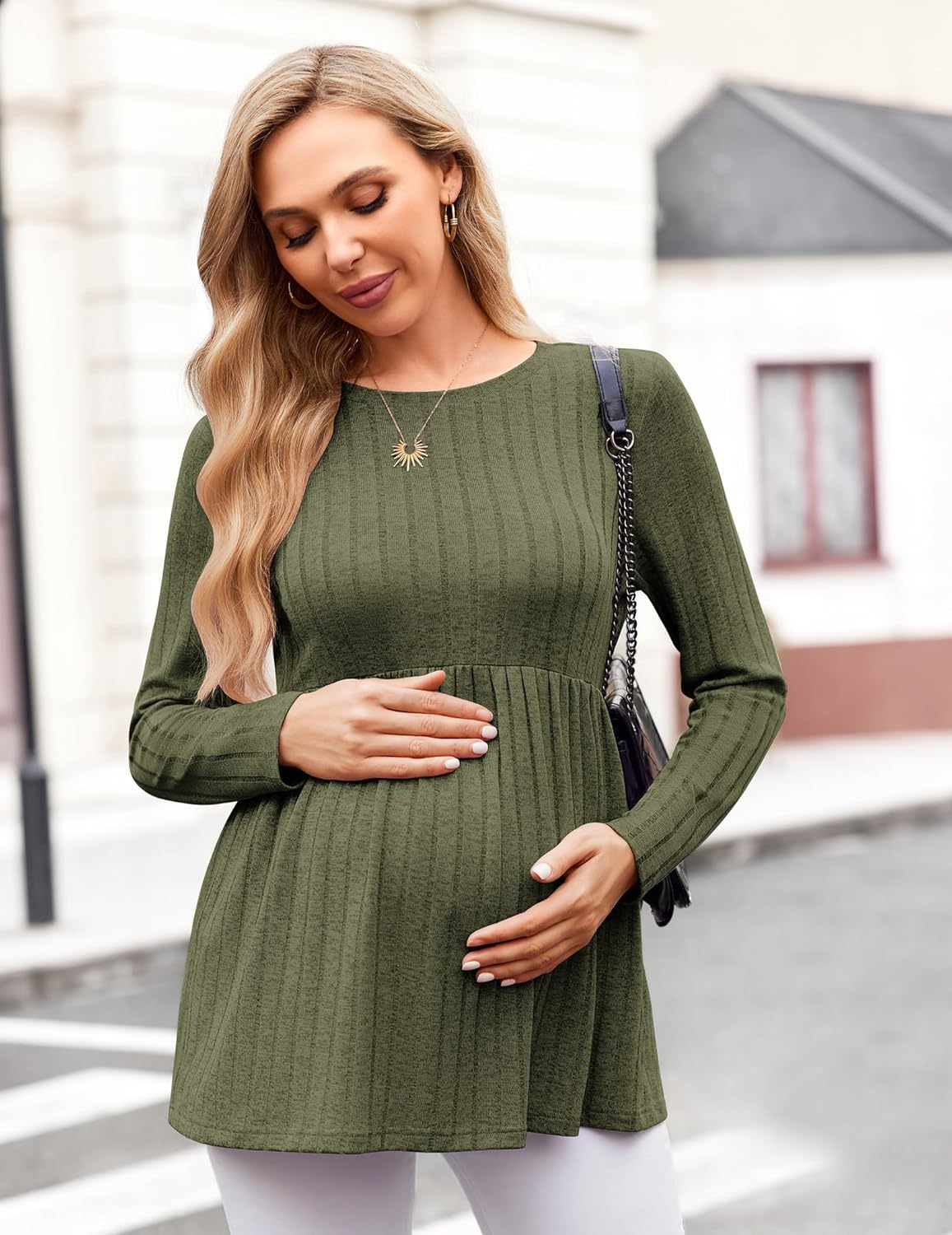 Ekouaer maternity tunic blouse, army green long sleeves, empire seam at bust