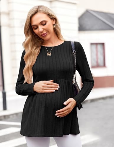 Black maternity tunic blouse with long sleeves, round neck and gathered empire waist