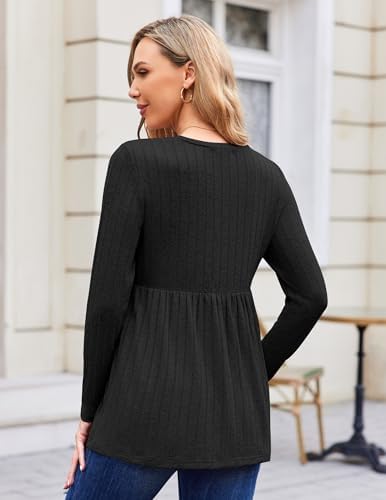 Back view: black long-sleeve maternity tunic blouse with pleated empire waist