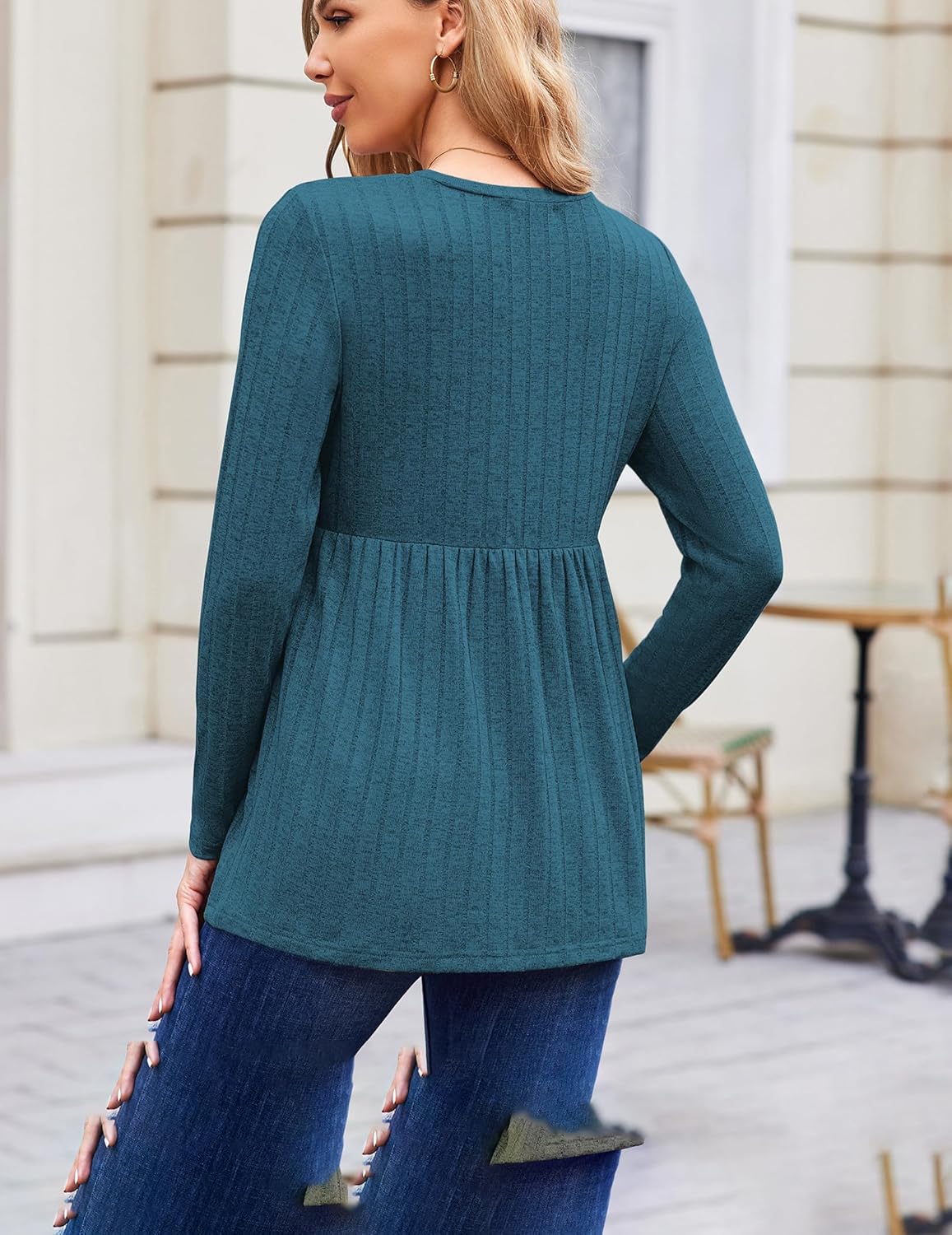 Teal long-sleeve maternity tunic blouse with gathered waist and round neckline