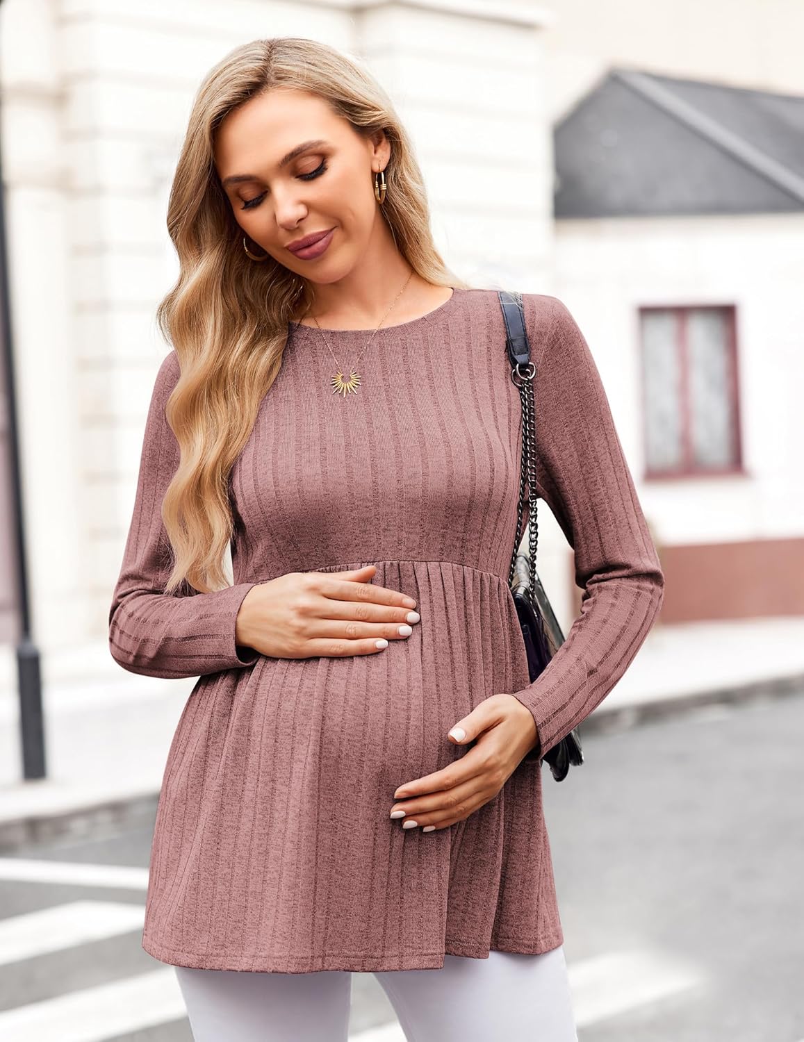 Dusty rose maternity tunic blouse, long sleeves, round neck with gathered empire waist