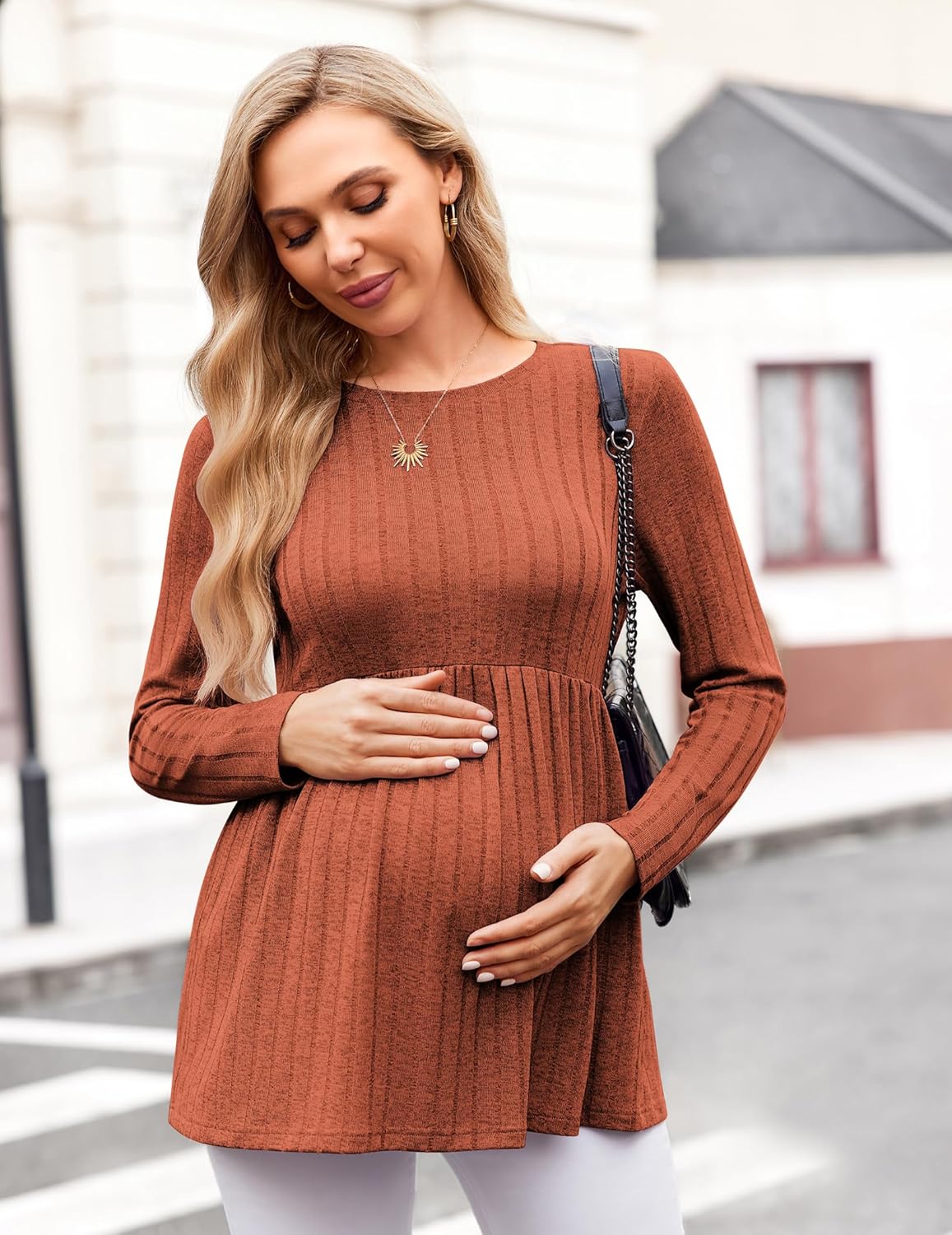 Long Sleeve Maternity Tunic Blouse, brown ribbed knit with babydoll waist