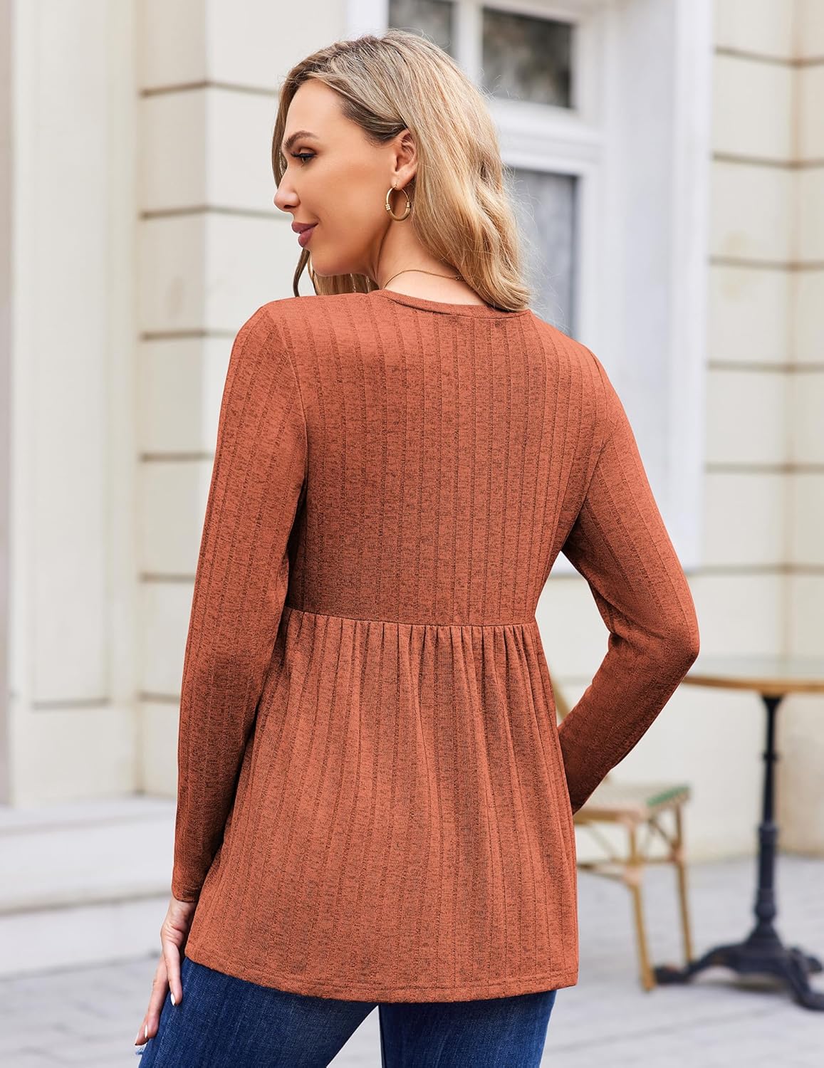 Long Sleeve Maternity Tunic Blouse, brown back view with gathered waist detail