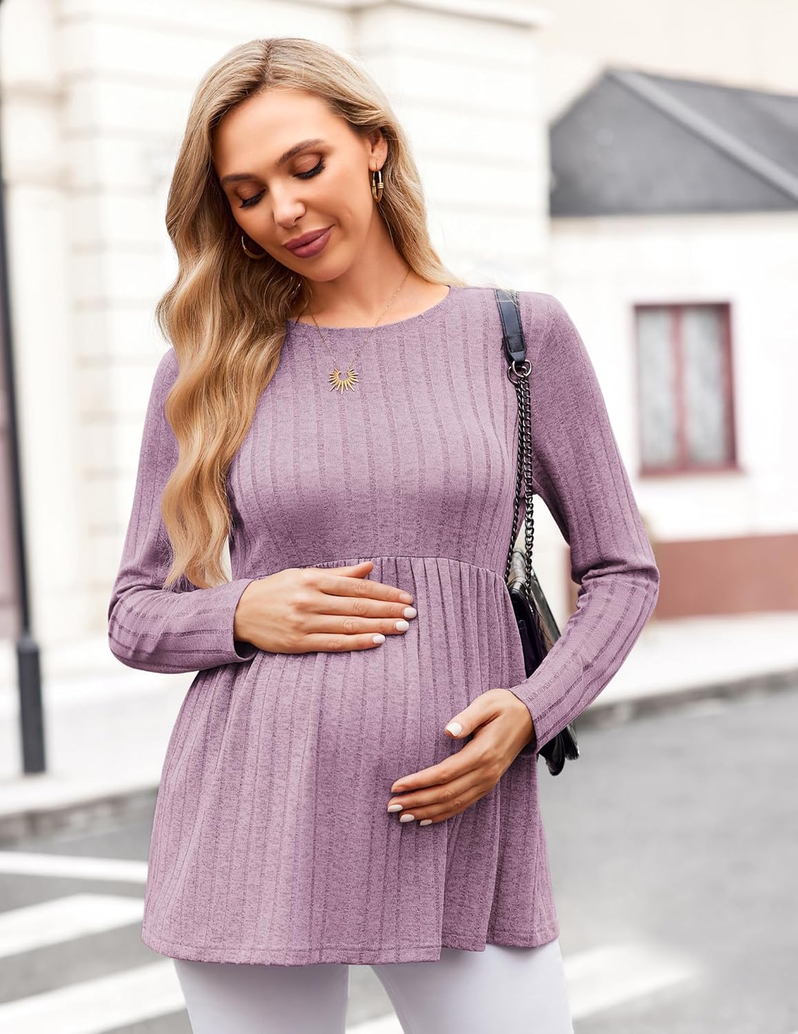 Maternity long-sleeve tunic blouse, light purple, round neck with chest seam detail
