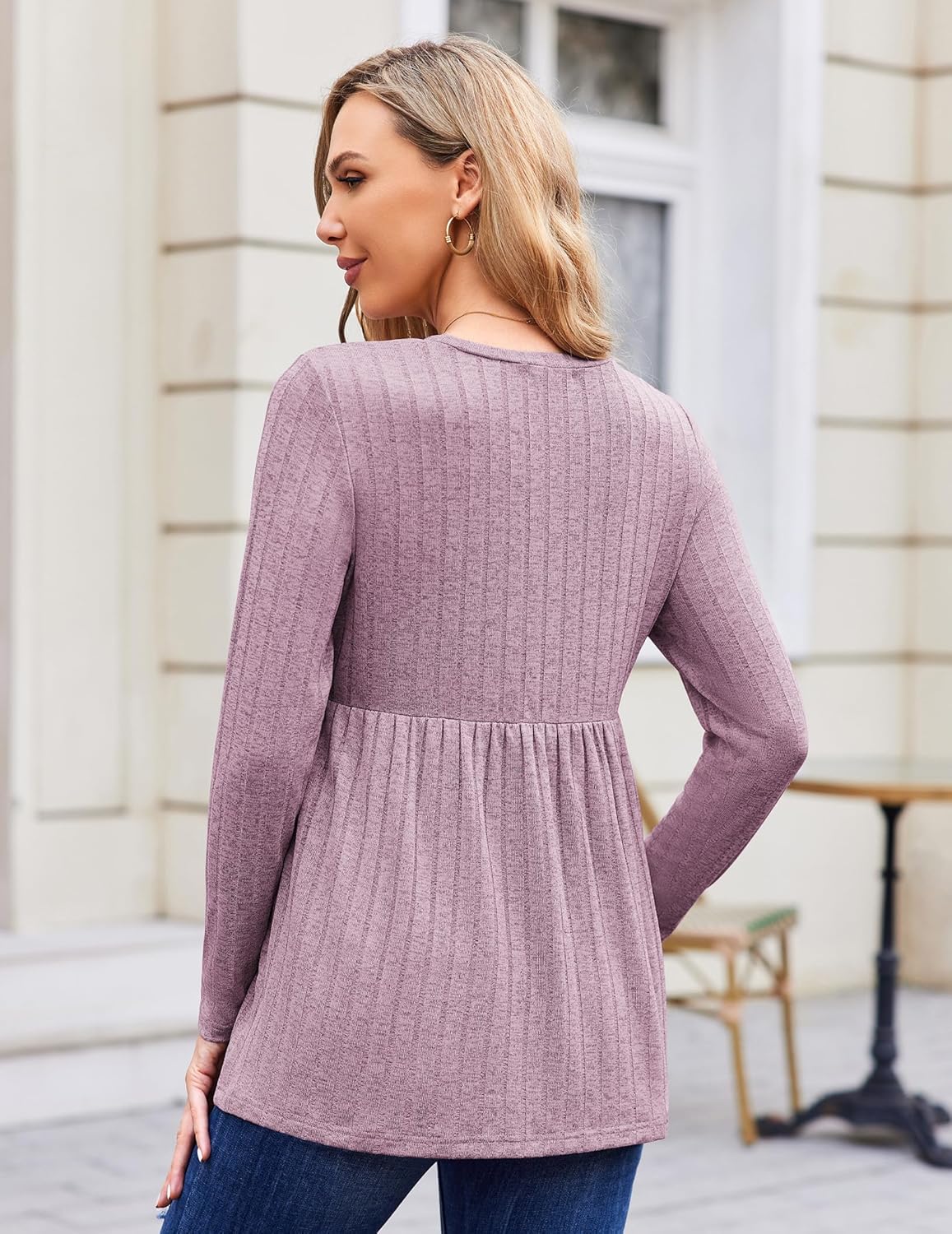 Back view maternity tunic blouse, light purple long sleeves, gathered waist detail