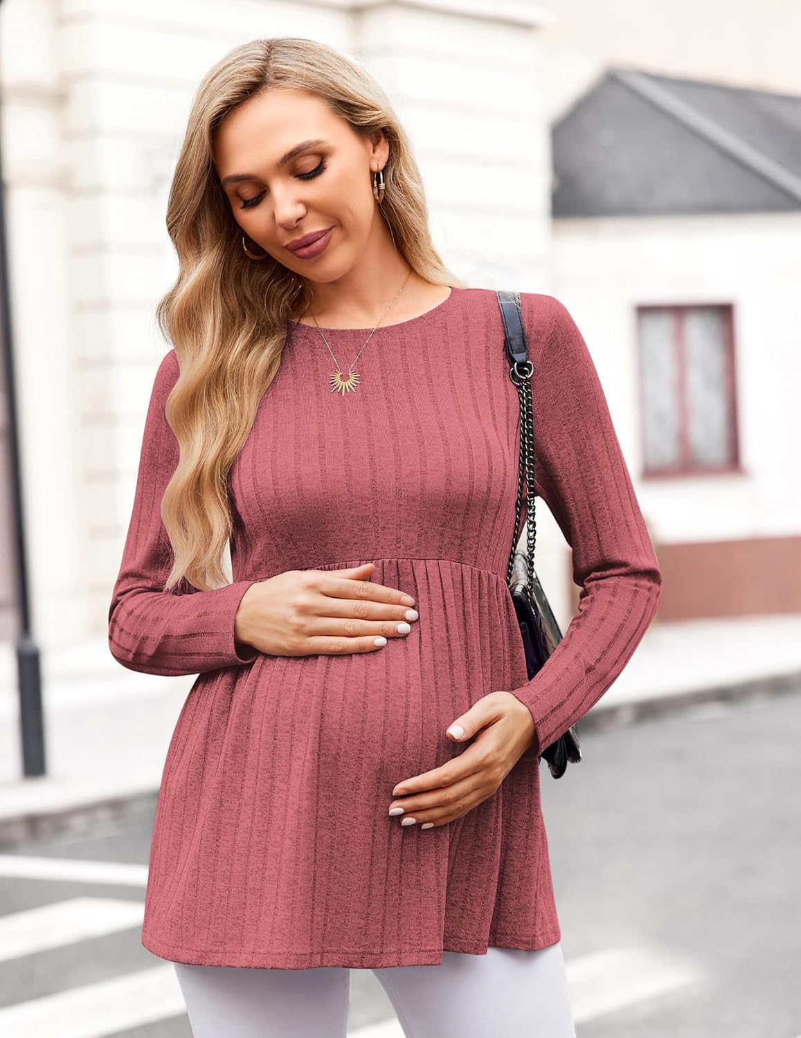 Blush pink maternity tunic blouse, long sleeves, round neck with gathered waist