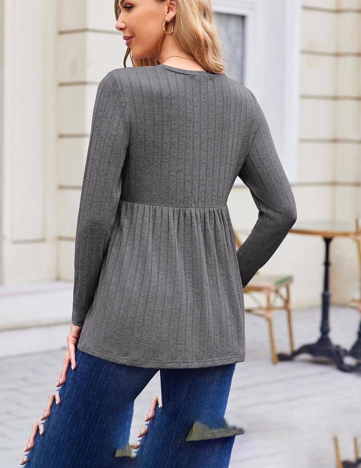Long Sleeve Maternity Tunic Blouse, dark grey back view with gathered waist