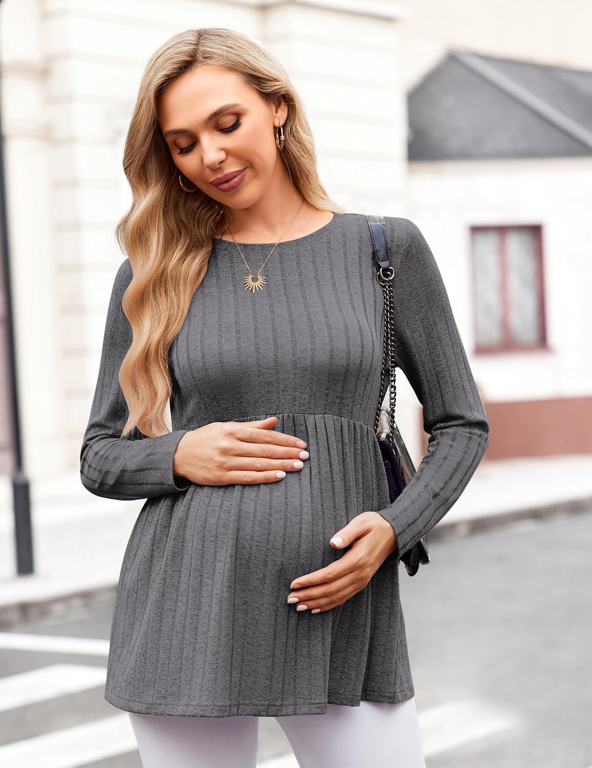 Long Sleeve Maternity Tunic Blouse, dark grey ribbed knit with flared skirt