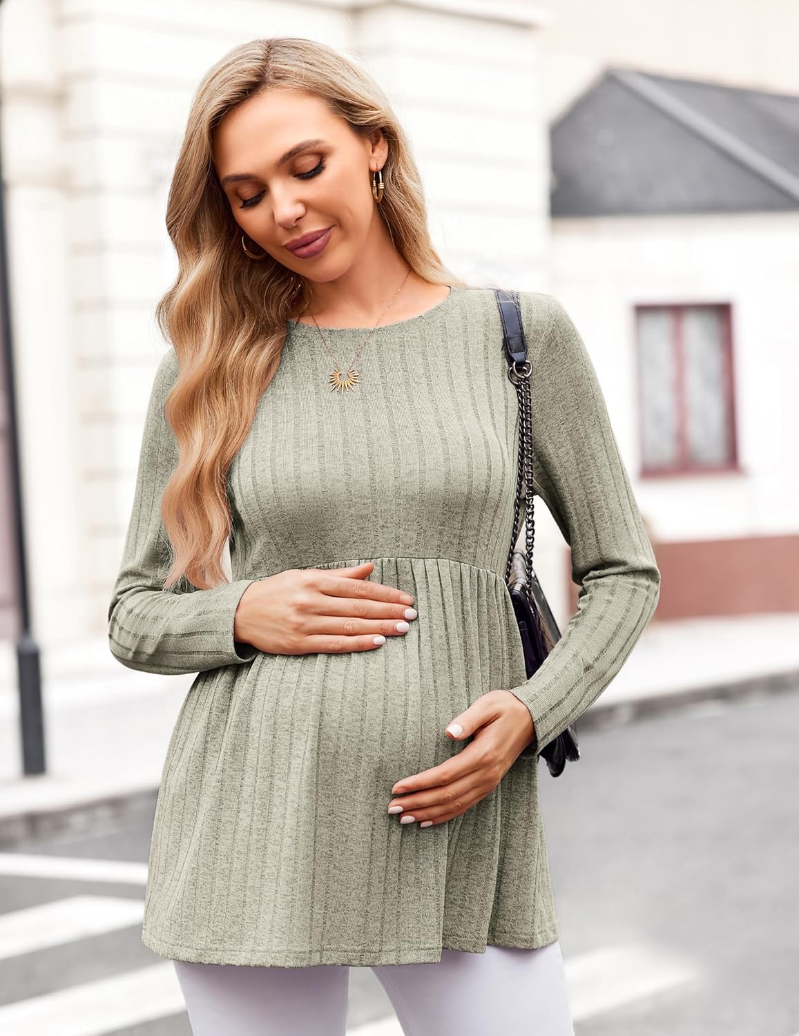 Maternity long-sleeve tunic blouse, army green, round neckline with gathered waist