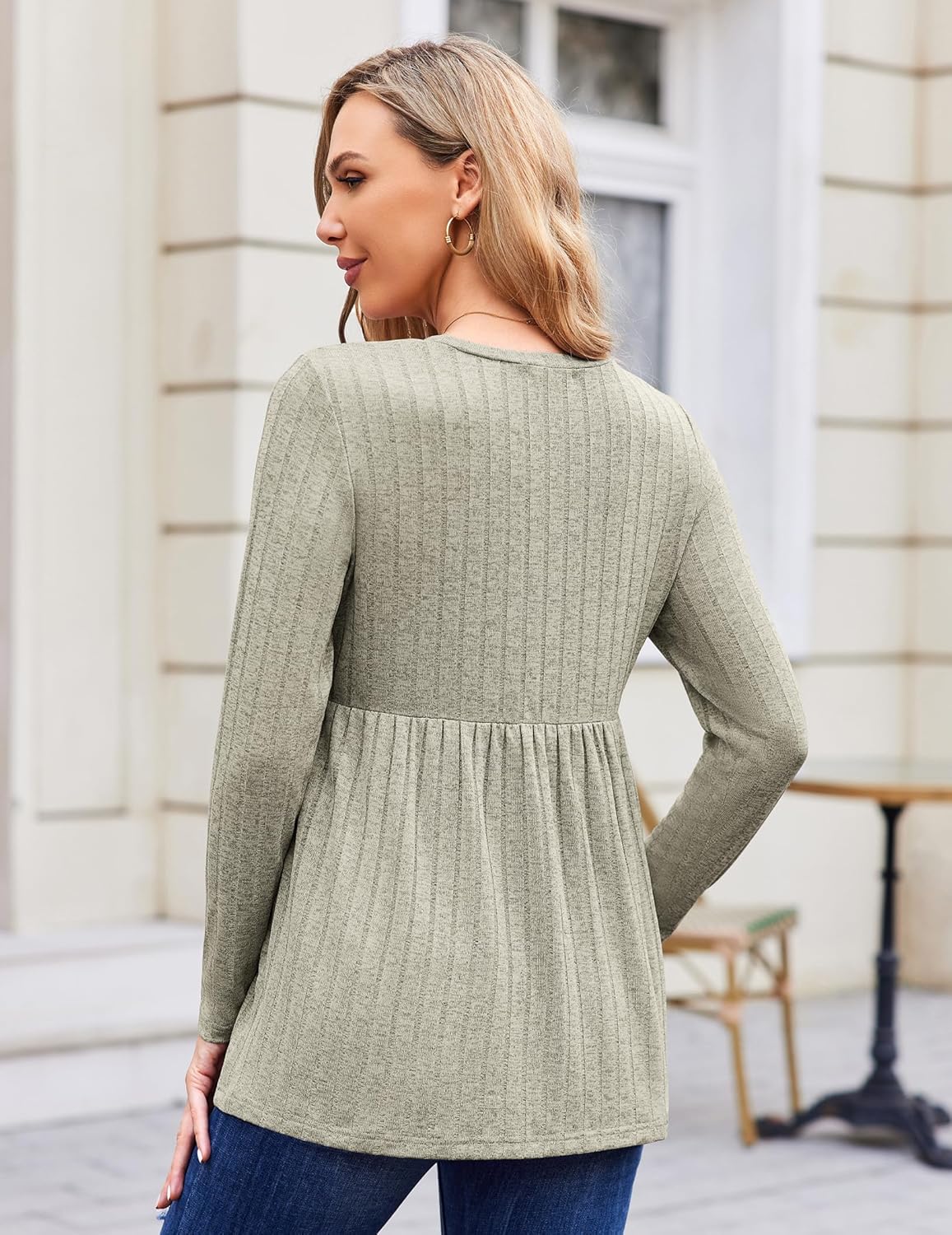 Back view maternity tunic blouse, army green long sleeves, gathered peplum waist