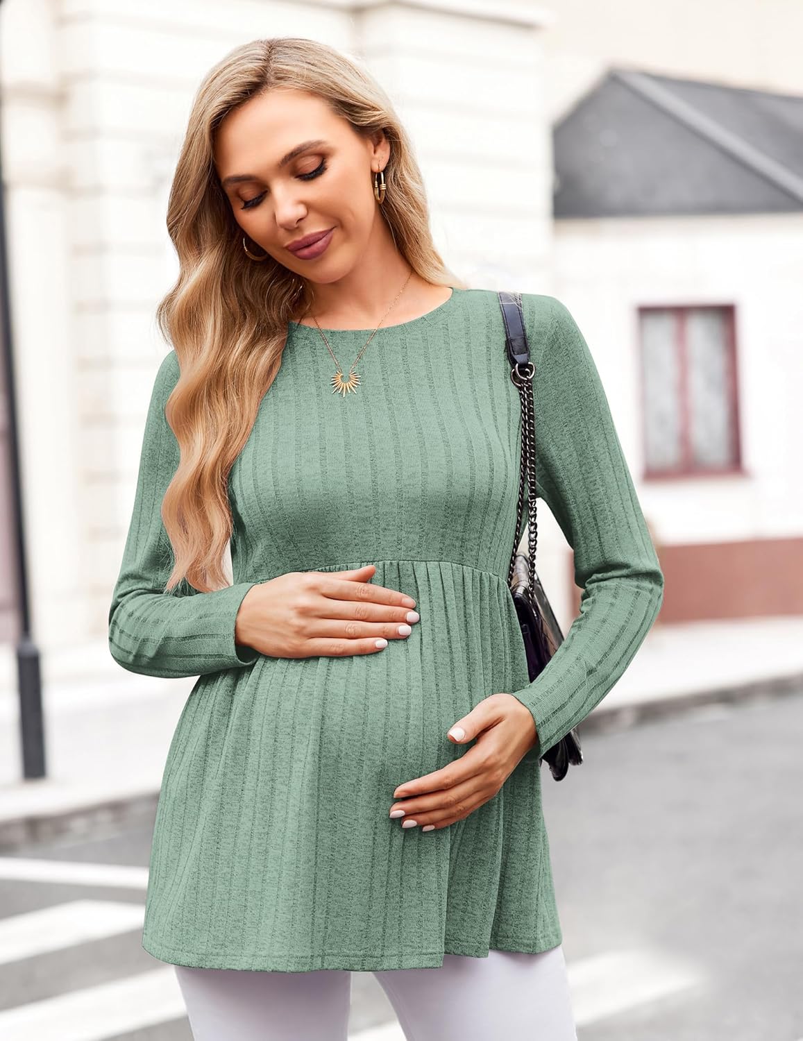 Maternity long-sleeve tunic blouse, army green knit, round neckline and flared hem
