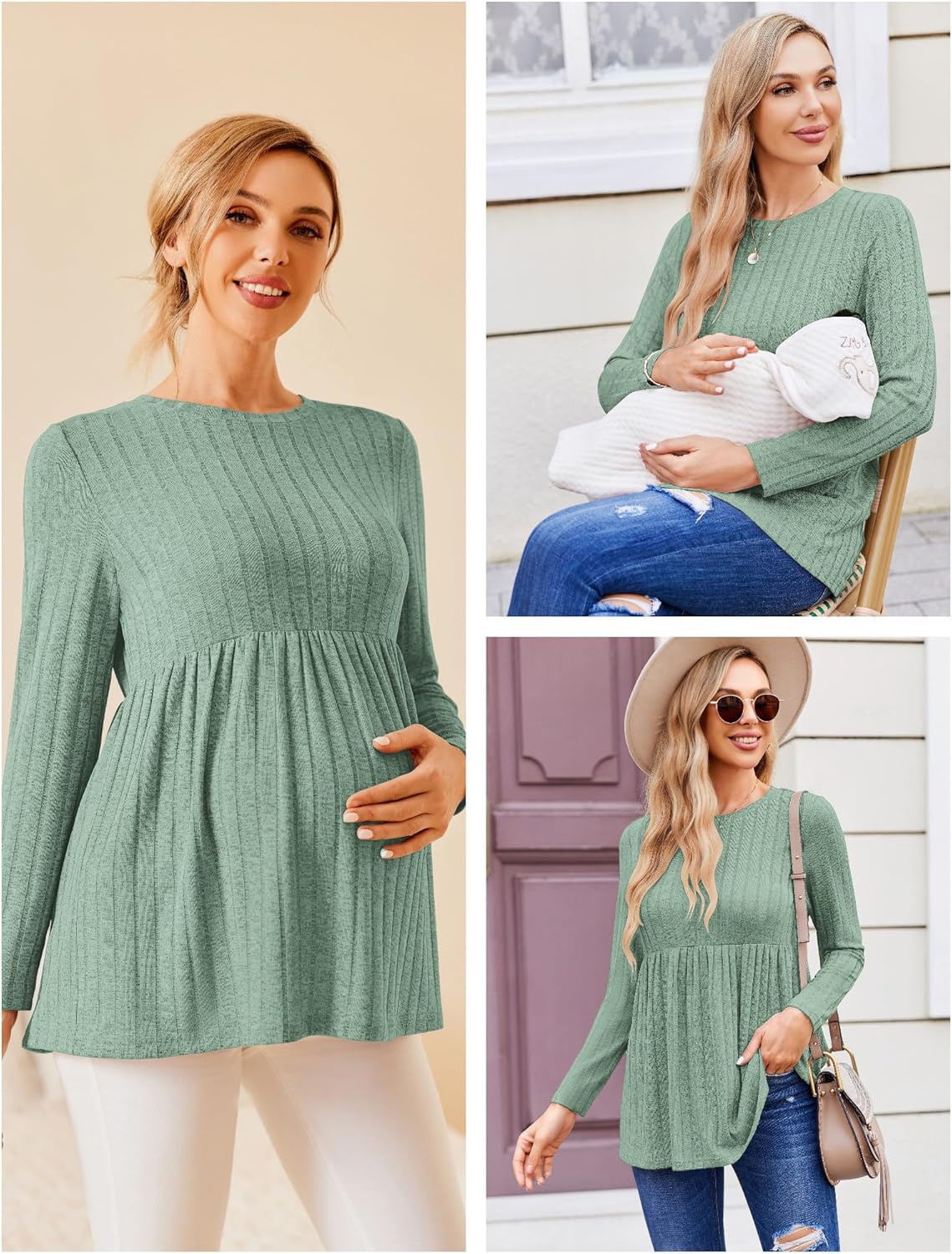 Army green maternity tunic blouse collage: round neck, long sleeves, gathered peplum hem