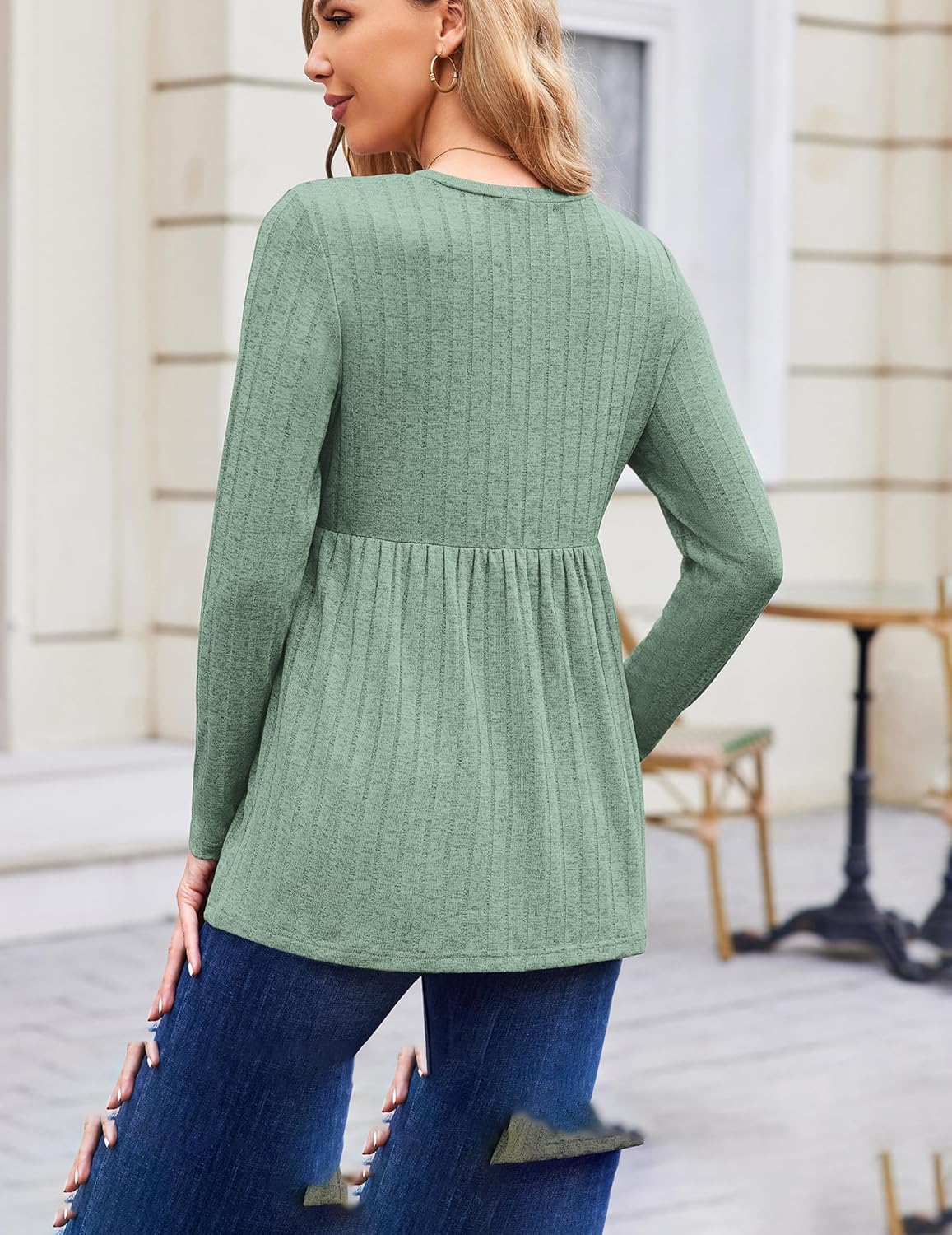 Maternity tunic blouse back and side view, army green long sleeves, gathered waist