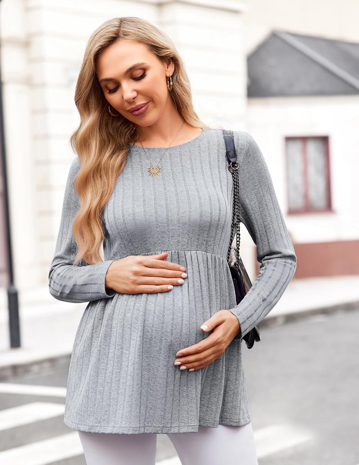 Long Sleeve Maternity Tunic Blouse, medium grey knit with empire waist