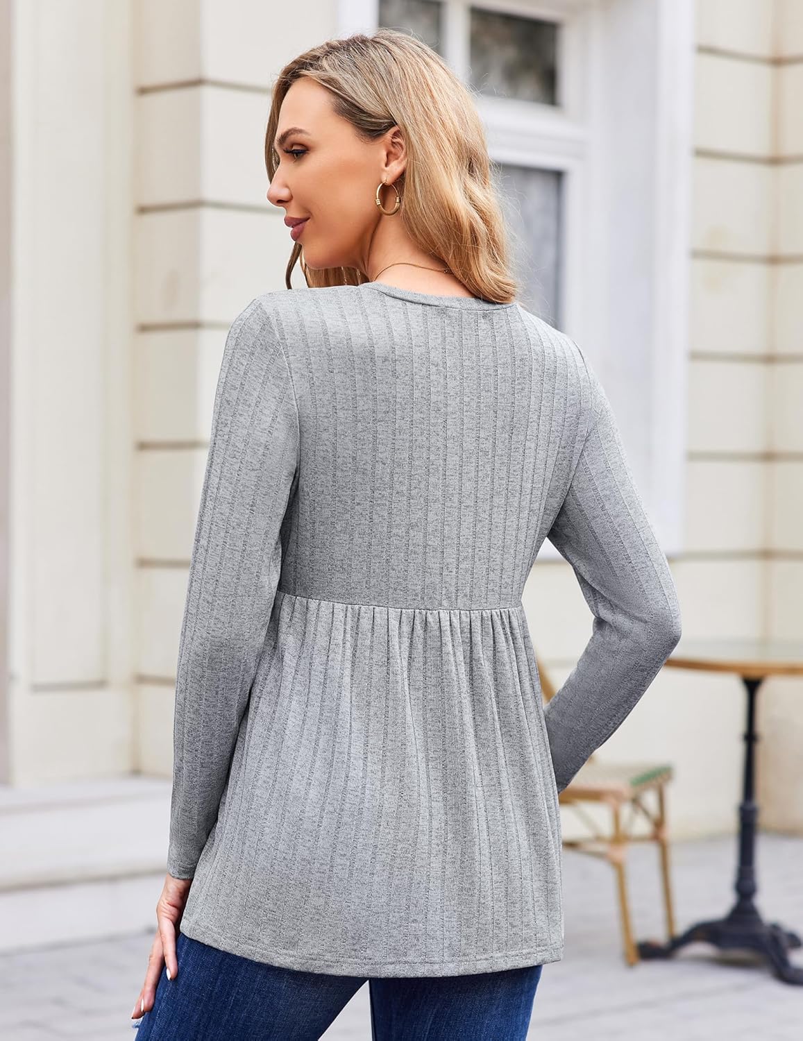 Long Sleeve Maternity Tunic Blouse, medium grey back view with long sleeves