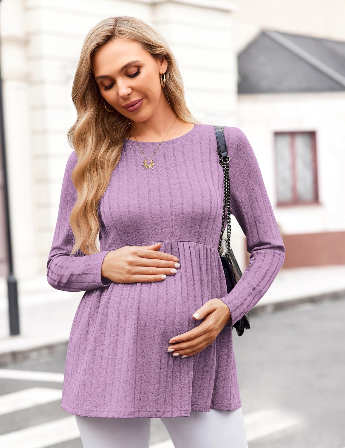Long Sleeve Maternity Tunic Blouse, light purple knit with gathered empire waist