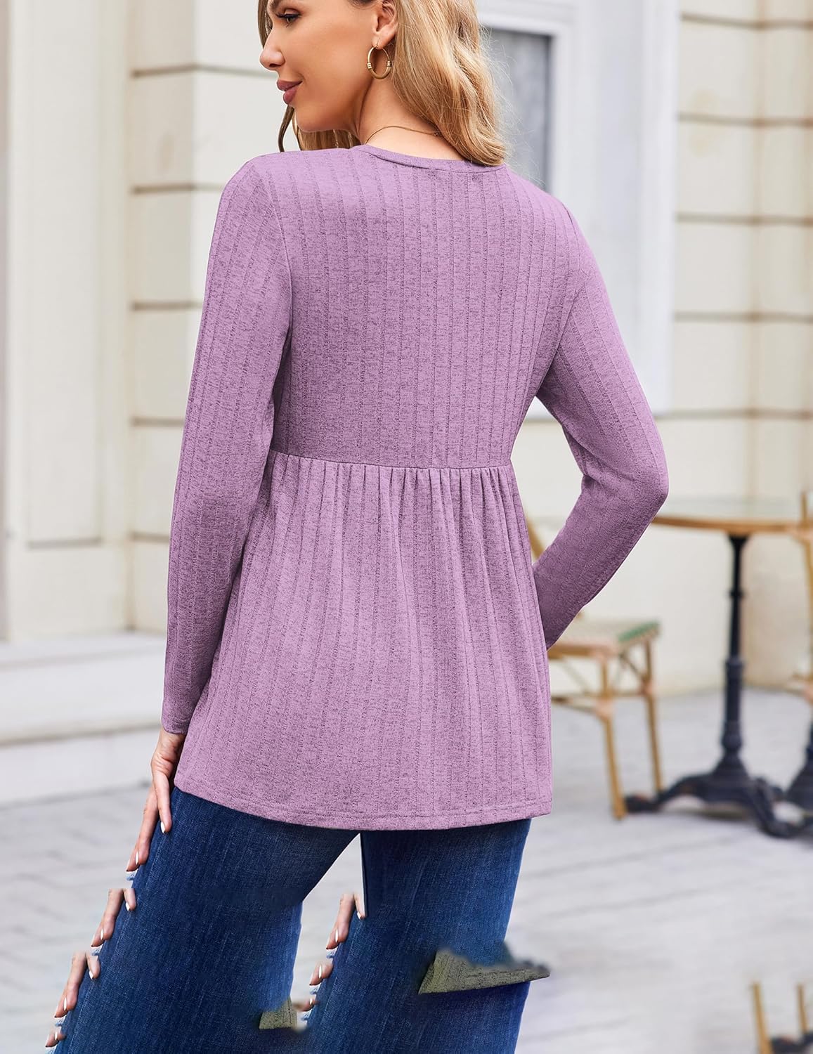 Long Sleeve Maternity Tunic Blouse, light purple back view with long sleeves