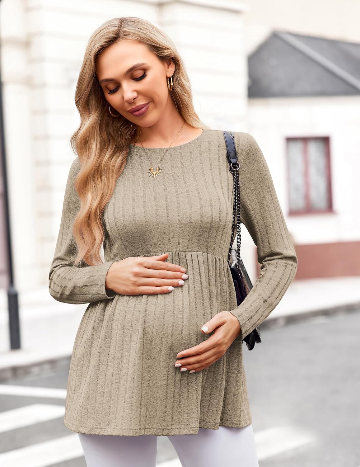 Light green maternity tunic blouse, long sleeves, round neck and gathered empire waist