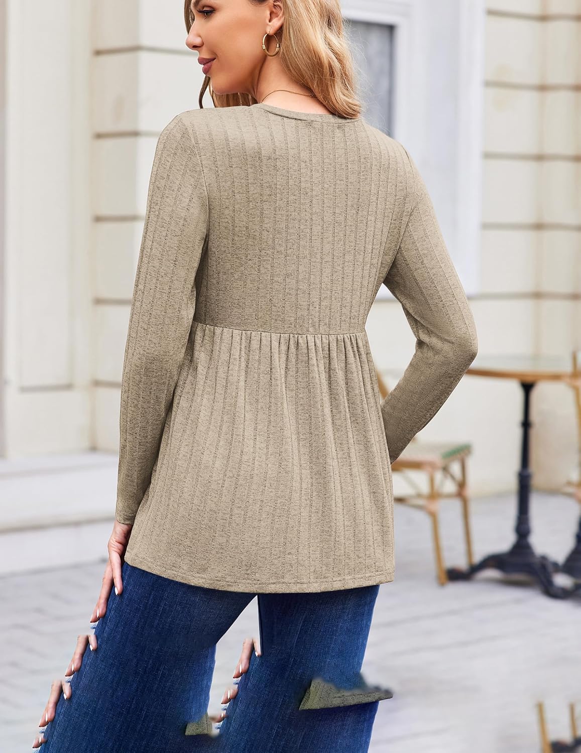 Back view: light green long-sleeve maternity tunic blouse with pleated empire waist