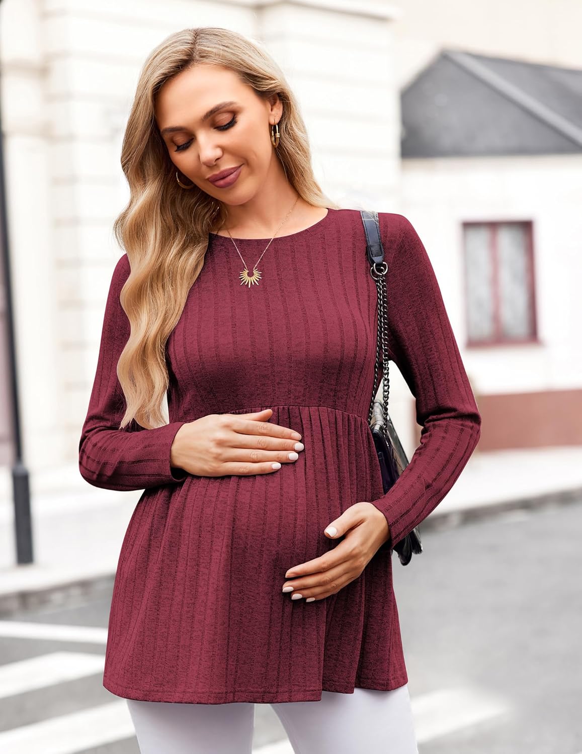 Wine red maternity tunic blouse with long sleeves, round neck and gathered waist