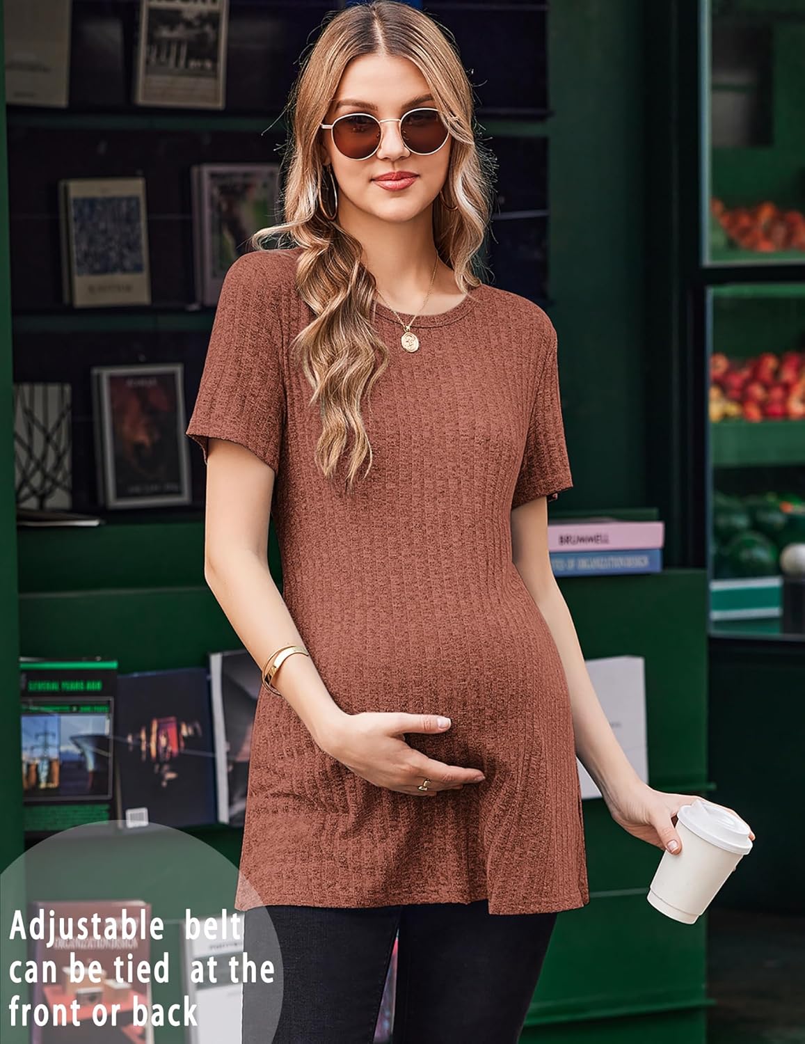 Schwangerschafts-Shirt mit Bindegürtel, kurze Ärmel, runder Halsausschnitt (Brick-red)