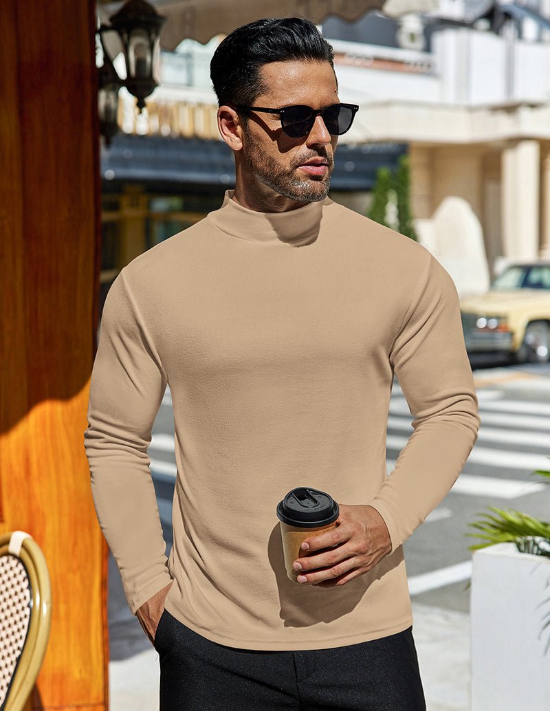 Khaki/beige mock turtleneck pullover undershirt for men, long sleeves