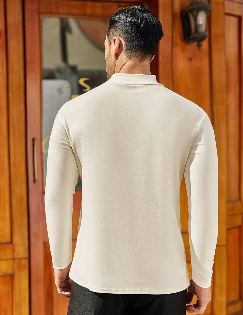 White mock turtleneck pullover undershirt, back view, long sleeves