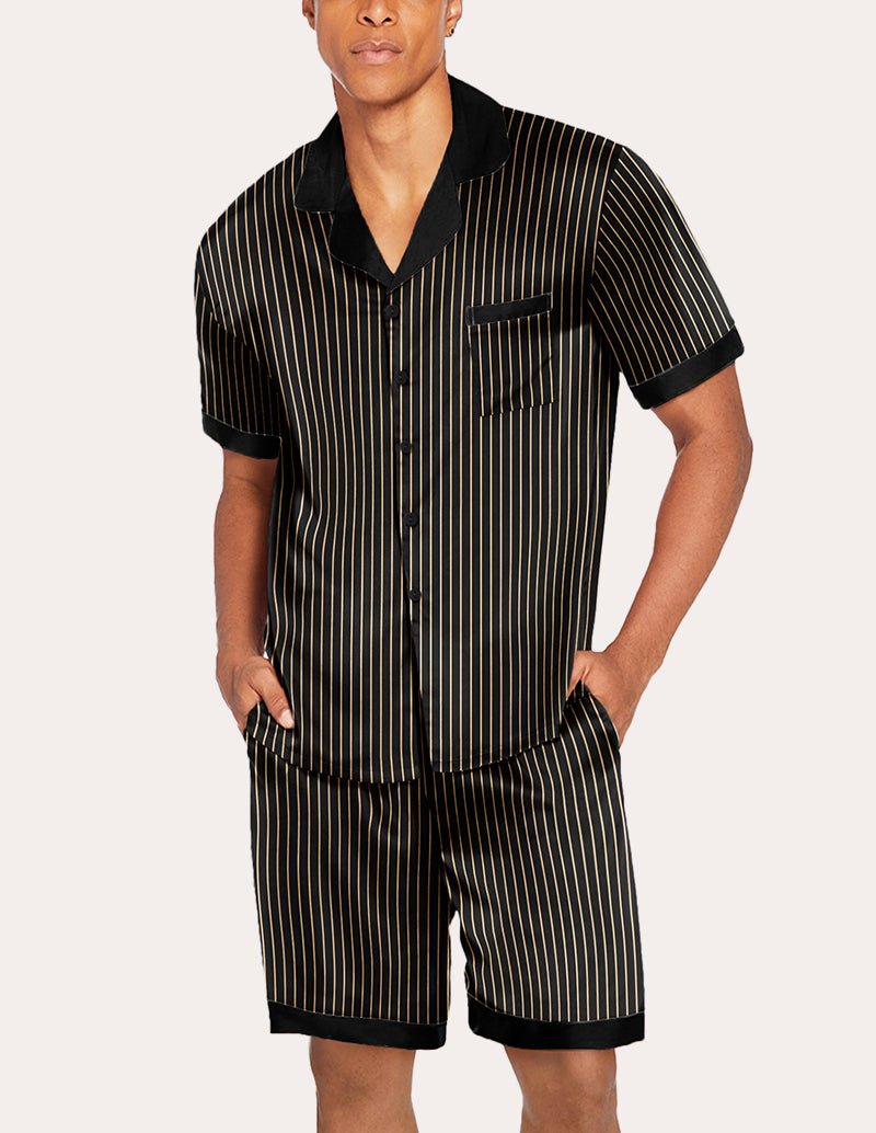 Black striped satin pajama set for men: short-sleeve button shirt with chest pocket and shorts