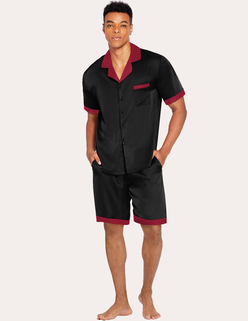 Black satin pajama set for men: short-sleeve button shirt and matching shorts with red trim